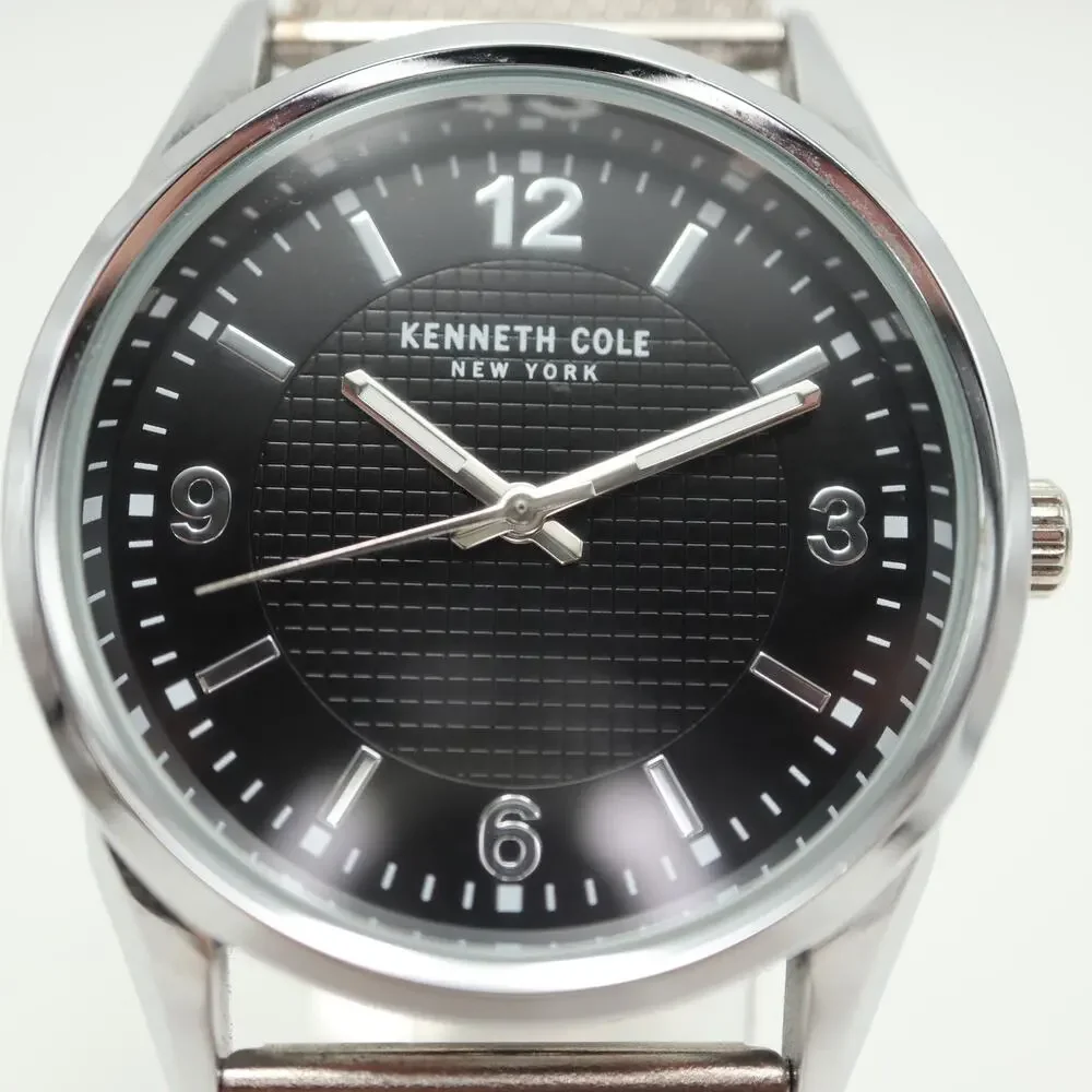 Kenneth Cole NY Mens 40mm Black Dial Watch Silver Tone Metal Mesh w New Battery